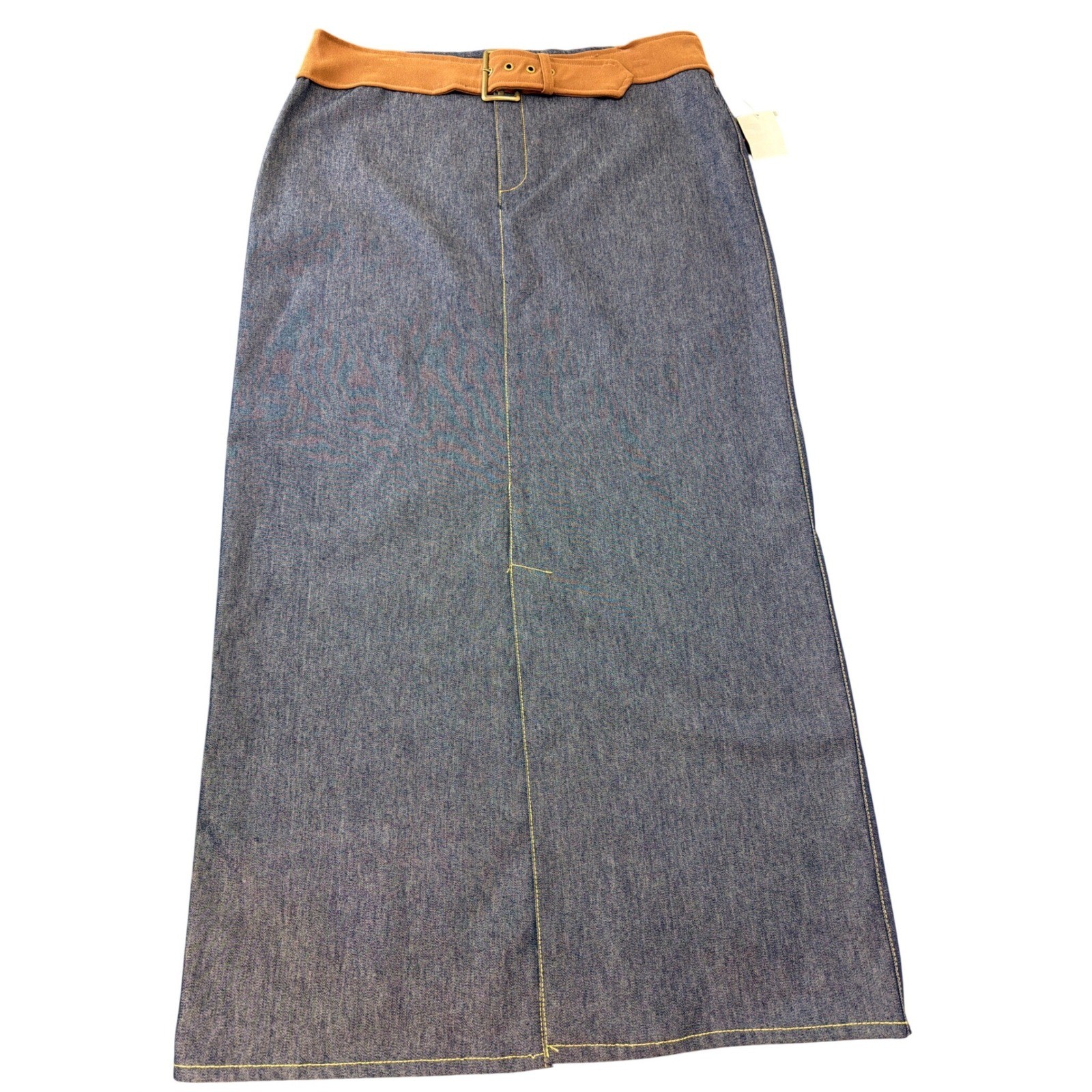 Vtg Fashion Bug Stretch Maxi Denim Pencil Skirt 12 Faux Belt Look Made in USA