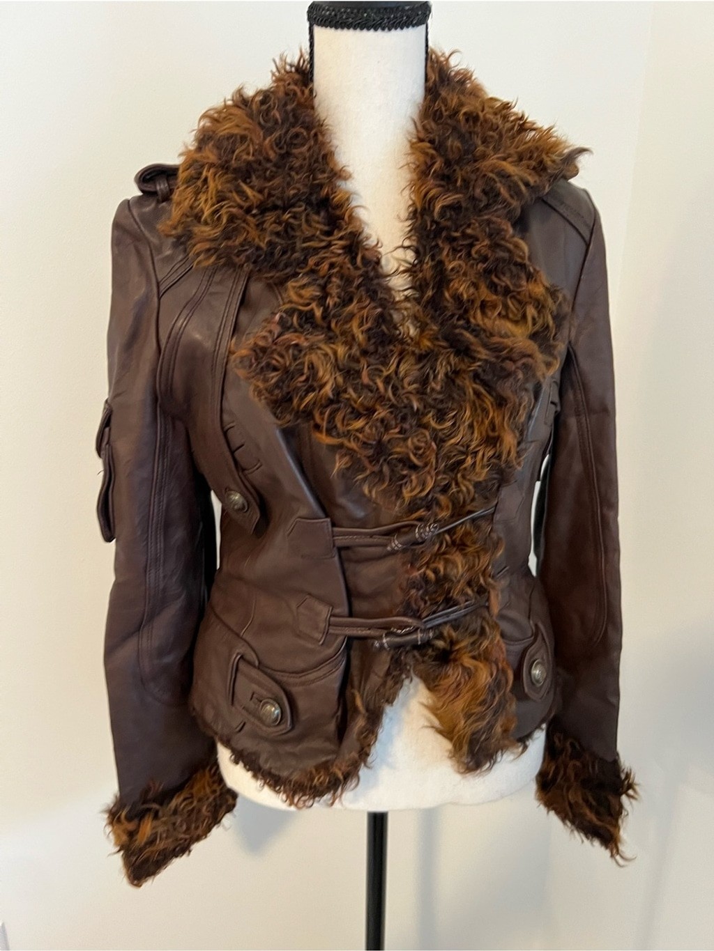 Vintage Brown Genuine Leather Shearling Moto Jacket Fur Collar Toggle Size XS-S