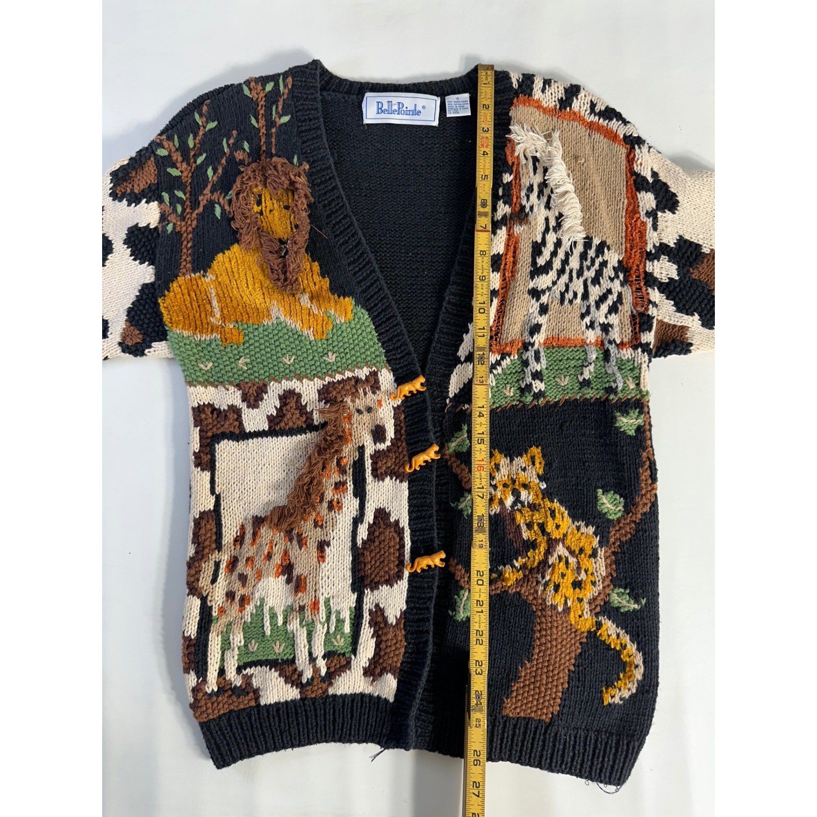 BellePointe Vintage Safari Animal Intarsia Chunky Knit Cardigan Sweater Black S