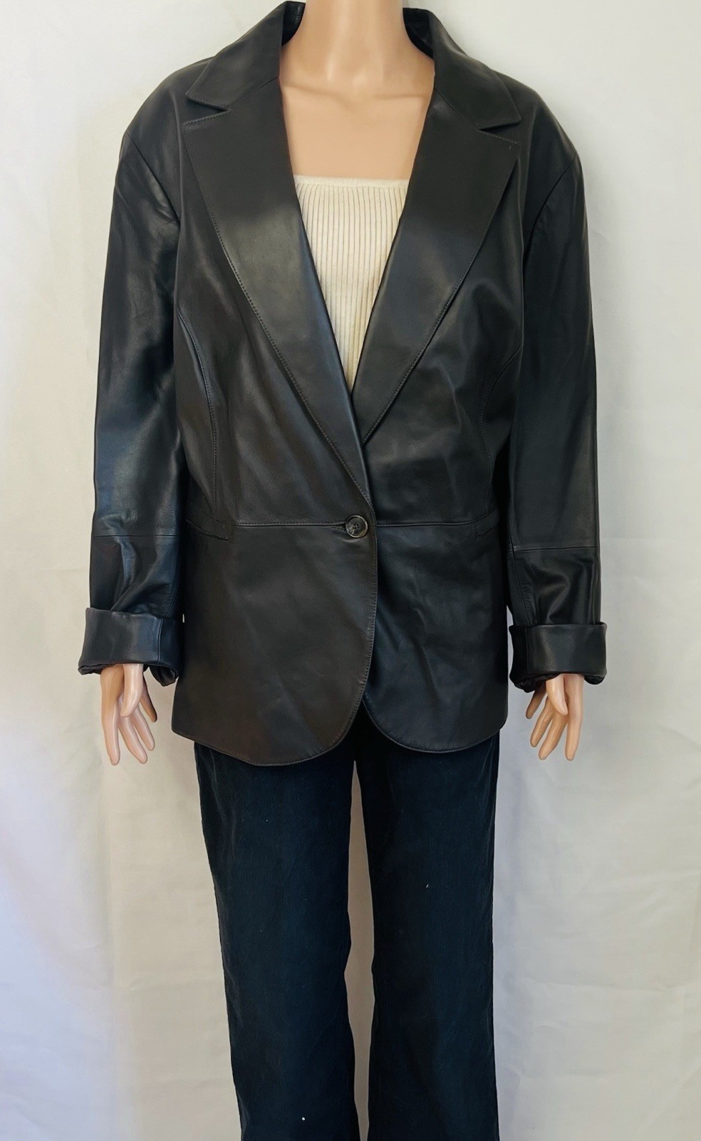 Vintage Saks Fifth Ave Black 100% Lambskin Leather Womens Lined Blazer Coat XLG