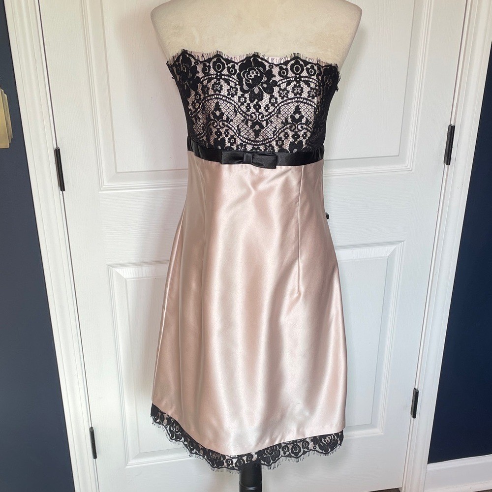 Vintage Scott McClintock Blush Satin Black Lace Strapless Midi Dress Size 12 Y2K