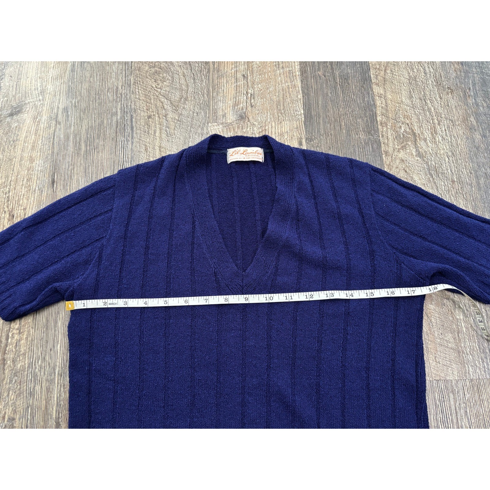 Vintage Lil Lambee Le Roy Knitwear Navy Blue Ribbed V-Neck Short Sleeve Sweater