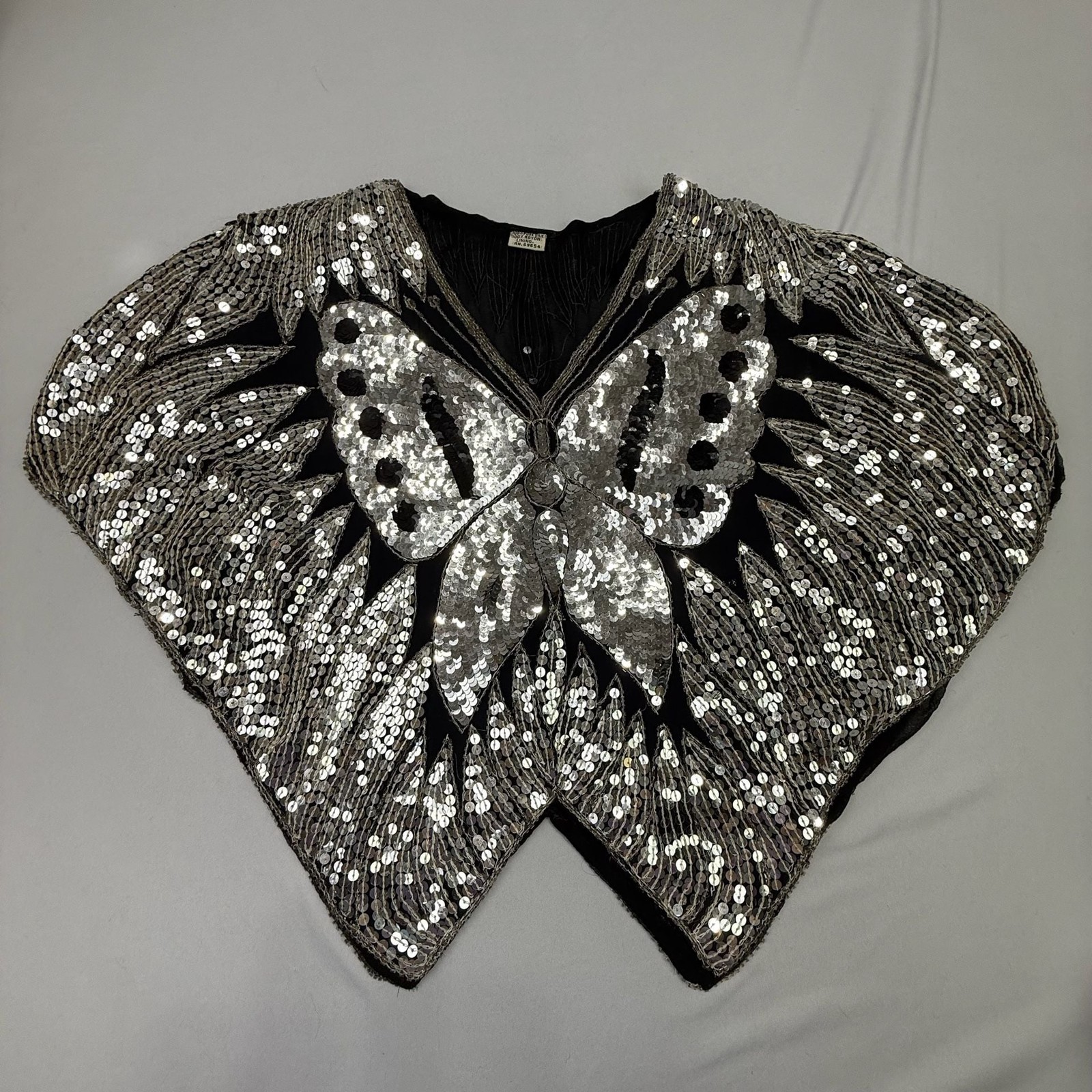 Vintage 1970s/80s Silver and Black Sequin Butterfly Silk Top