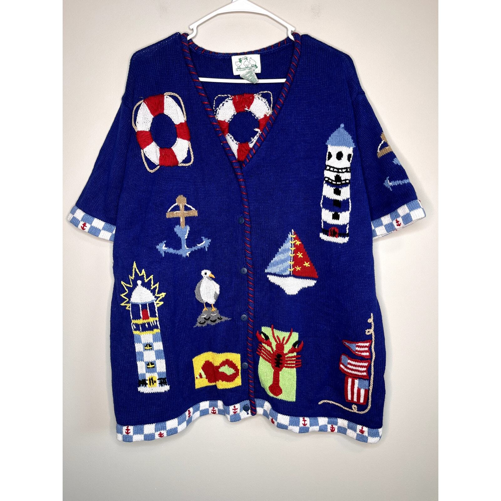 1990s Quacker Factory Seagull Coastal Nautical Anchor Lobster Boats Cardigan 2X