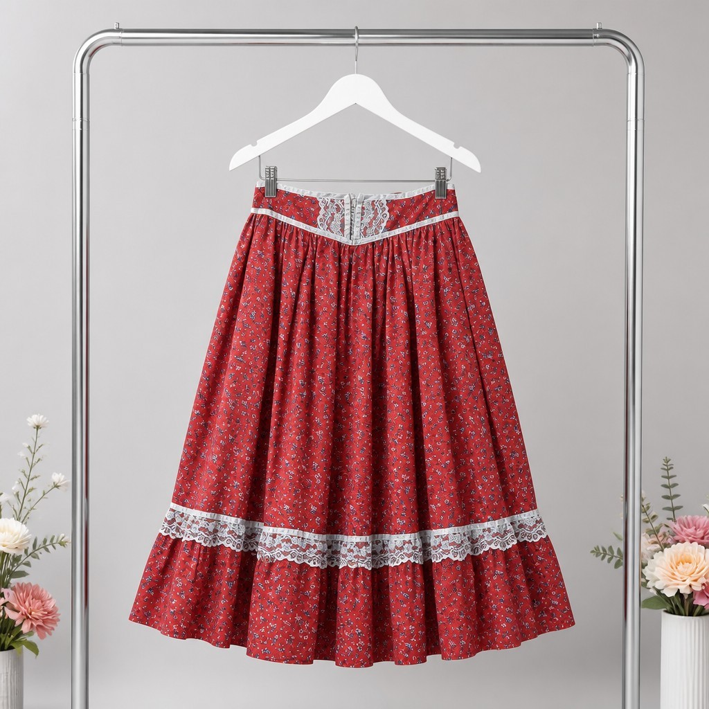 Vintage Gunne Sax Red /Blue Tiny flower Skirt. With Lace. Sz 13