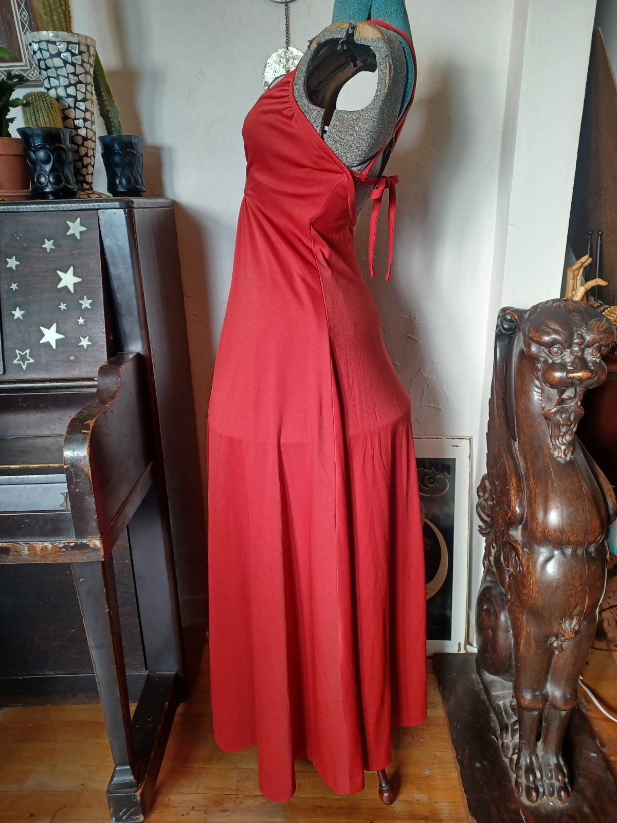 Vintage 1970s Orange-Red Strappy Disco Maxi-dress