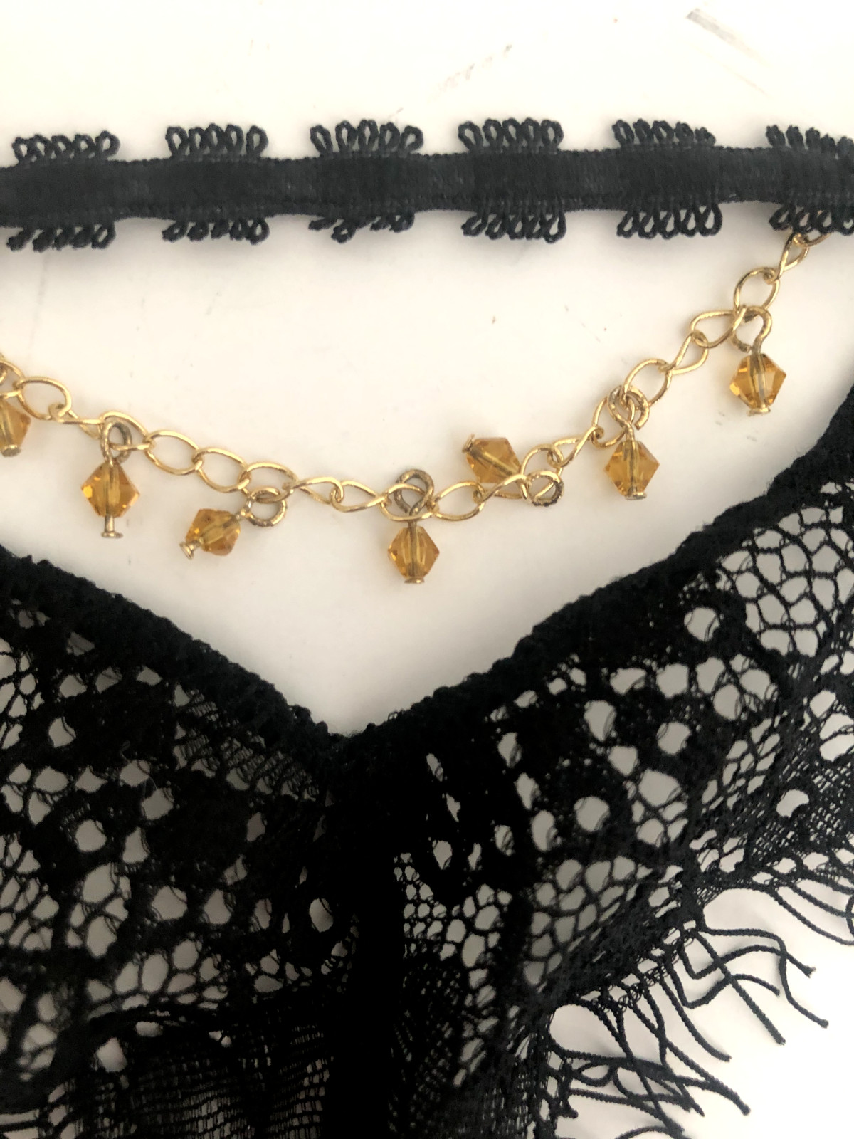 New Vtg ECLIPSE L Black Lace THONG PANTY Gold Faceted Bead Chain Beige Lined