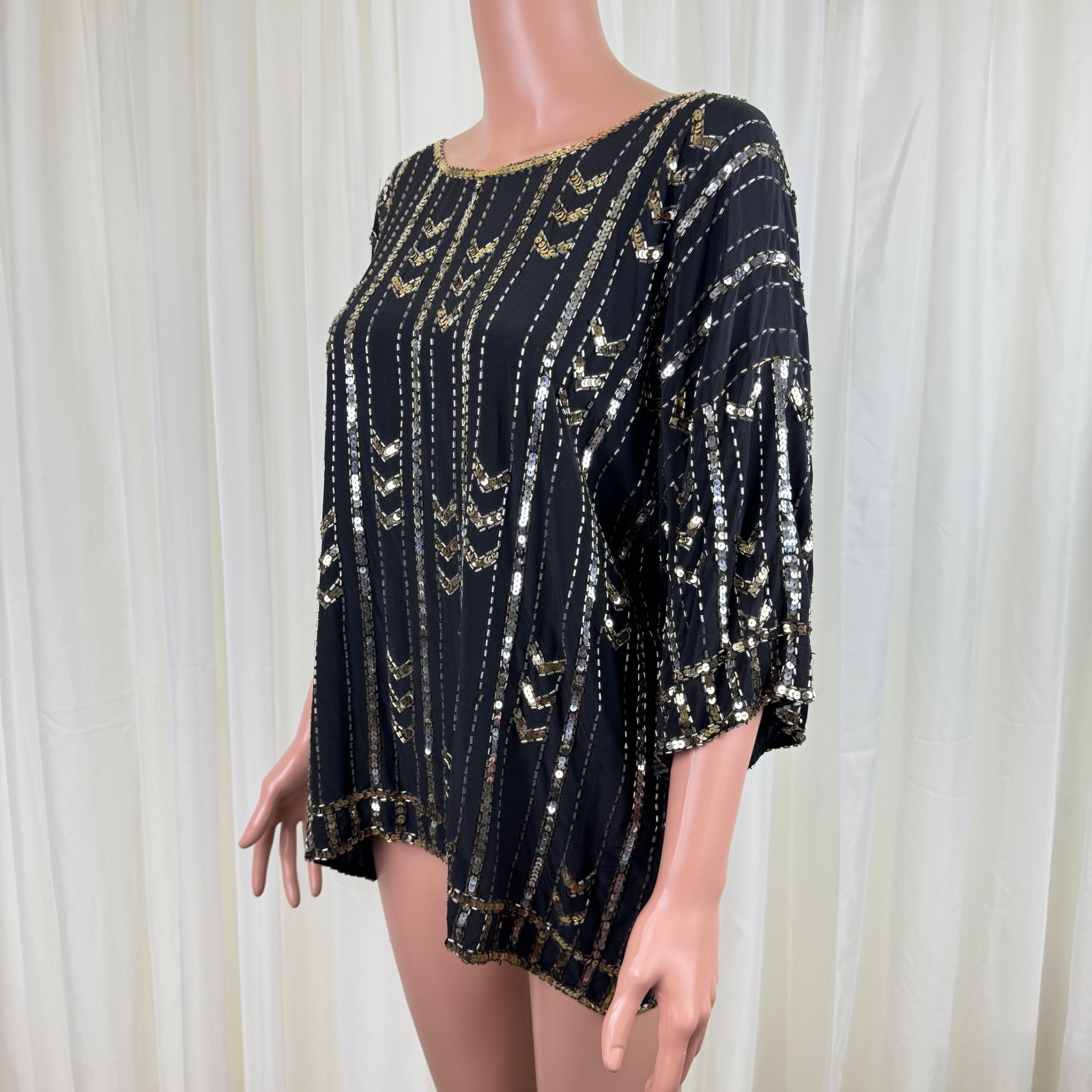 Vintage 80’s Three Flaggs 100% Silk Beaded Sequins Blouse Top Sz Large Black