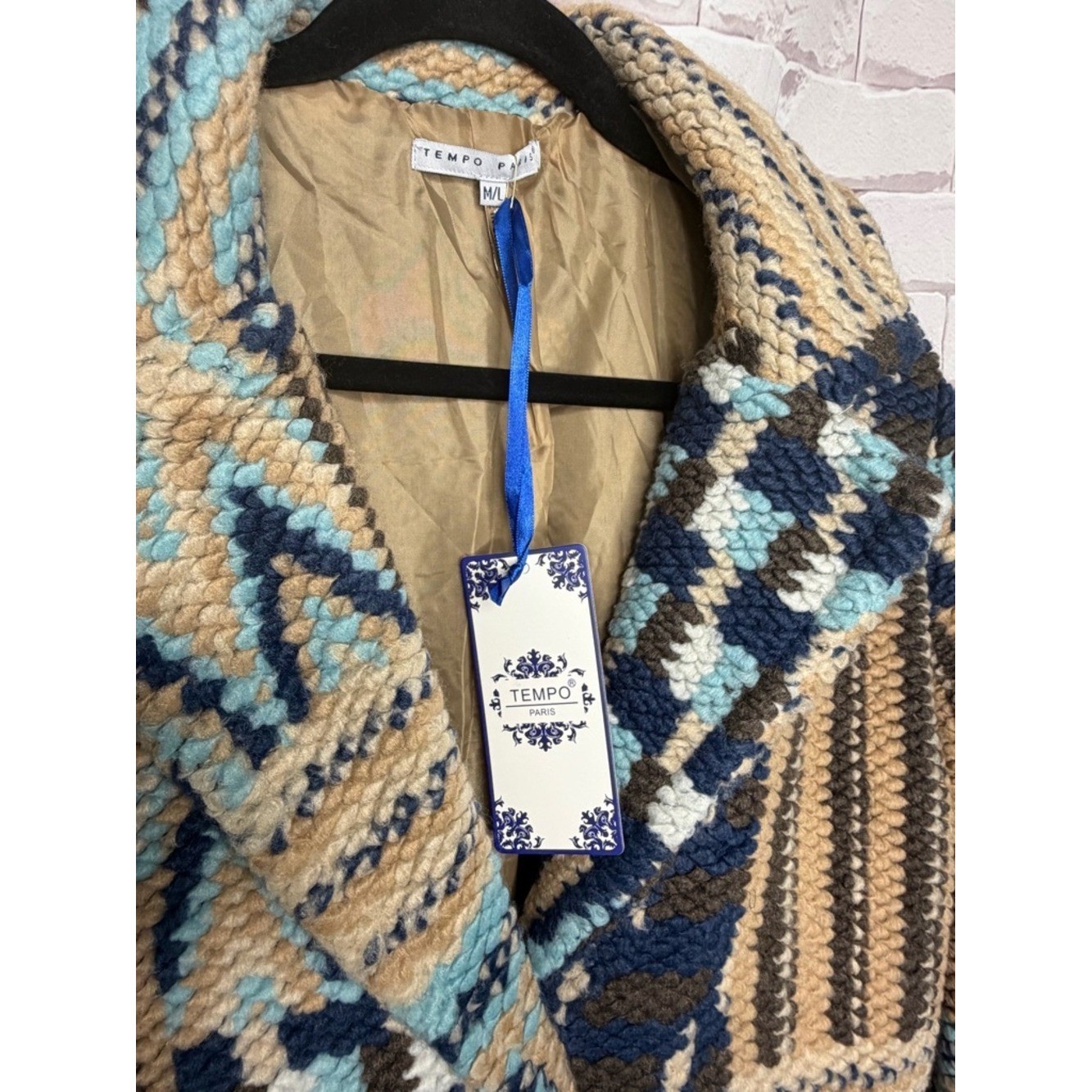 Tempo Paris Chunky Knit Patchwork Coat Neutral Blue Boho Aztec Jacket Sz Med/Lg