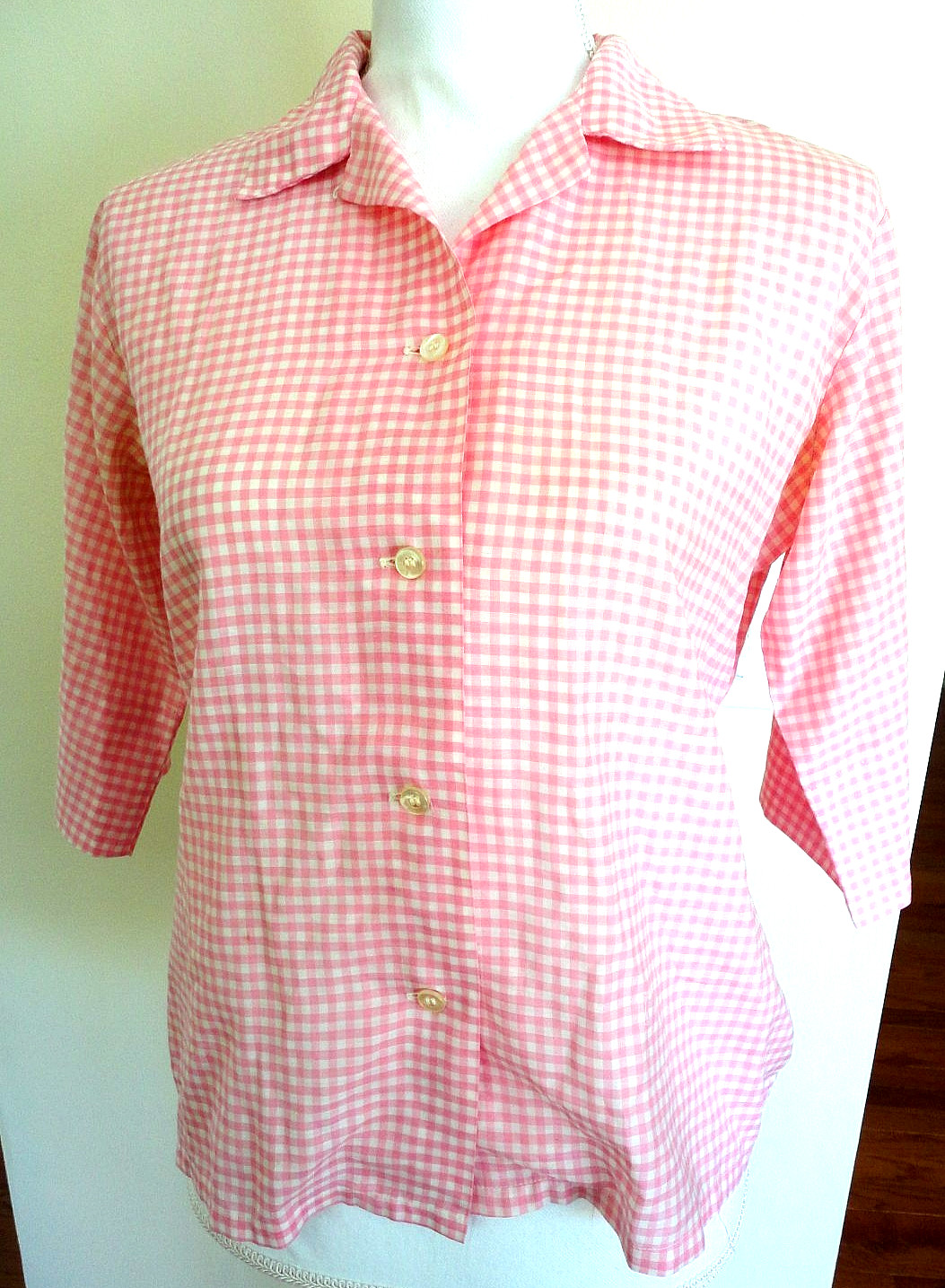 VINTAGE 1960’S JANTZEN BLOUSE*12*Pink and White Check*3/4 Sleeves*Excellent