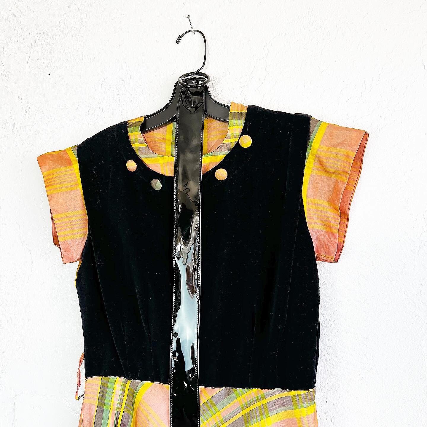 CANDY CORN STRIPED 40’s 40s Halloween Vintage Plaid Taffeta Black Velvet Dress M