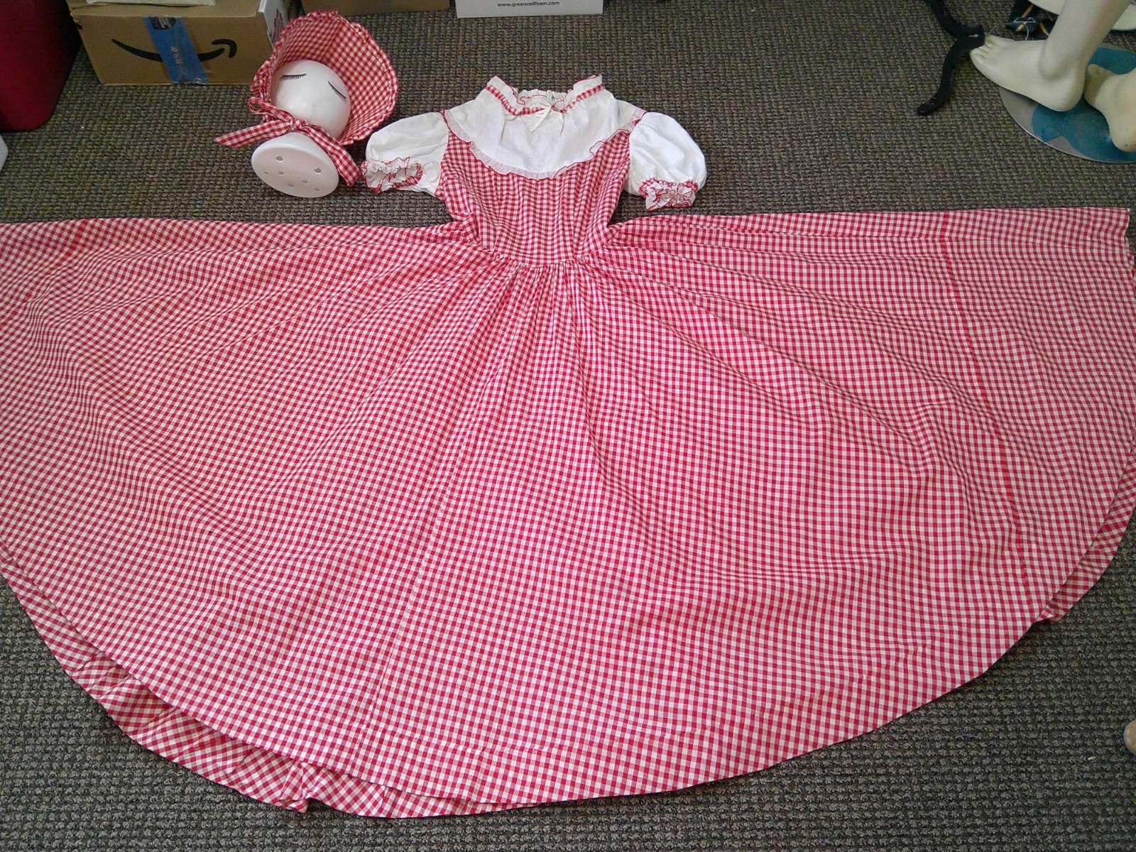 Vtg 70s Red/White Gingham Prairie Cottagecore 160″ Full Sweep Maxi Dress & Hat M