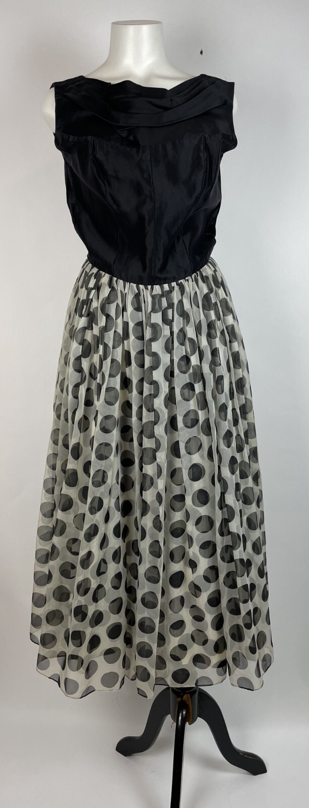 Vintage50s Black White Polka Dot Tulle dress TALLER MODES Size M 34″ Bust DAMAGE