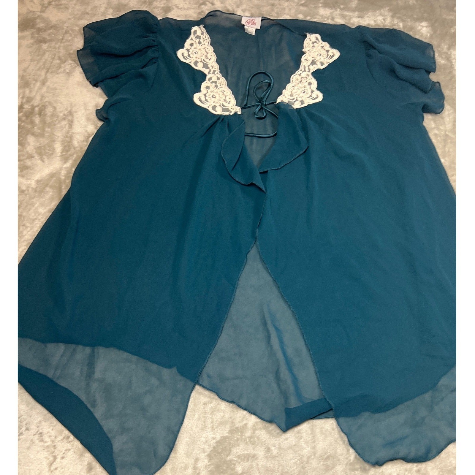 Vtg Cine Star Sheer Teal Chiffon Tie Front Bed Jacket Robe White Coquette XL