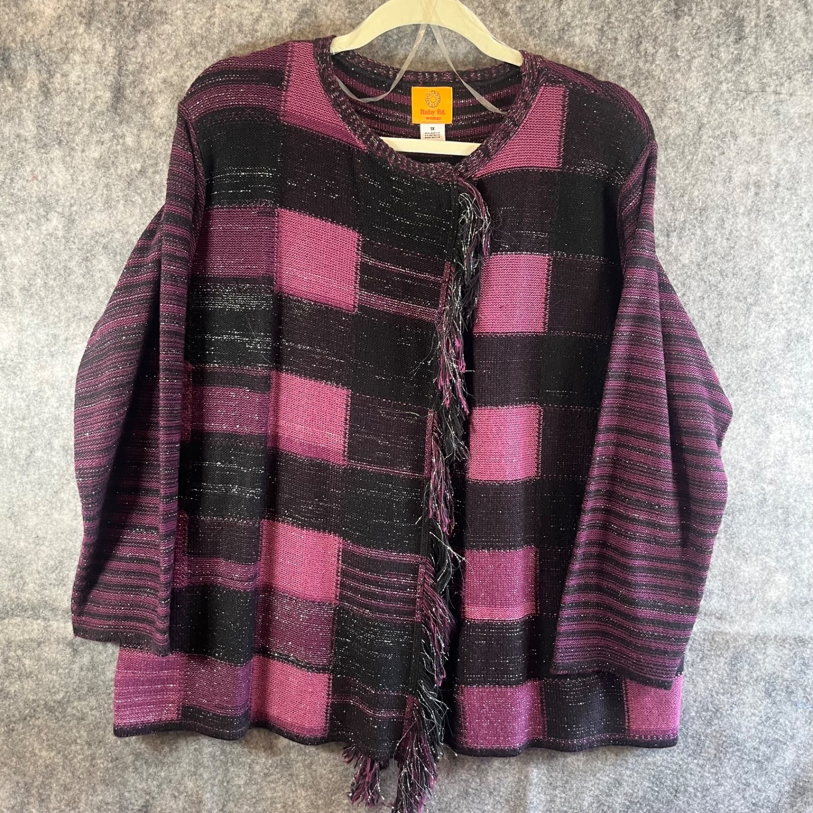 Ruby Rd. Womans Cardigan Jacket Open Frade Sz 1X Black Purple Pink