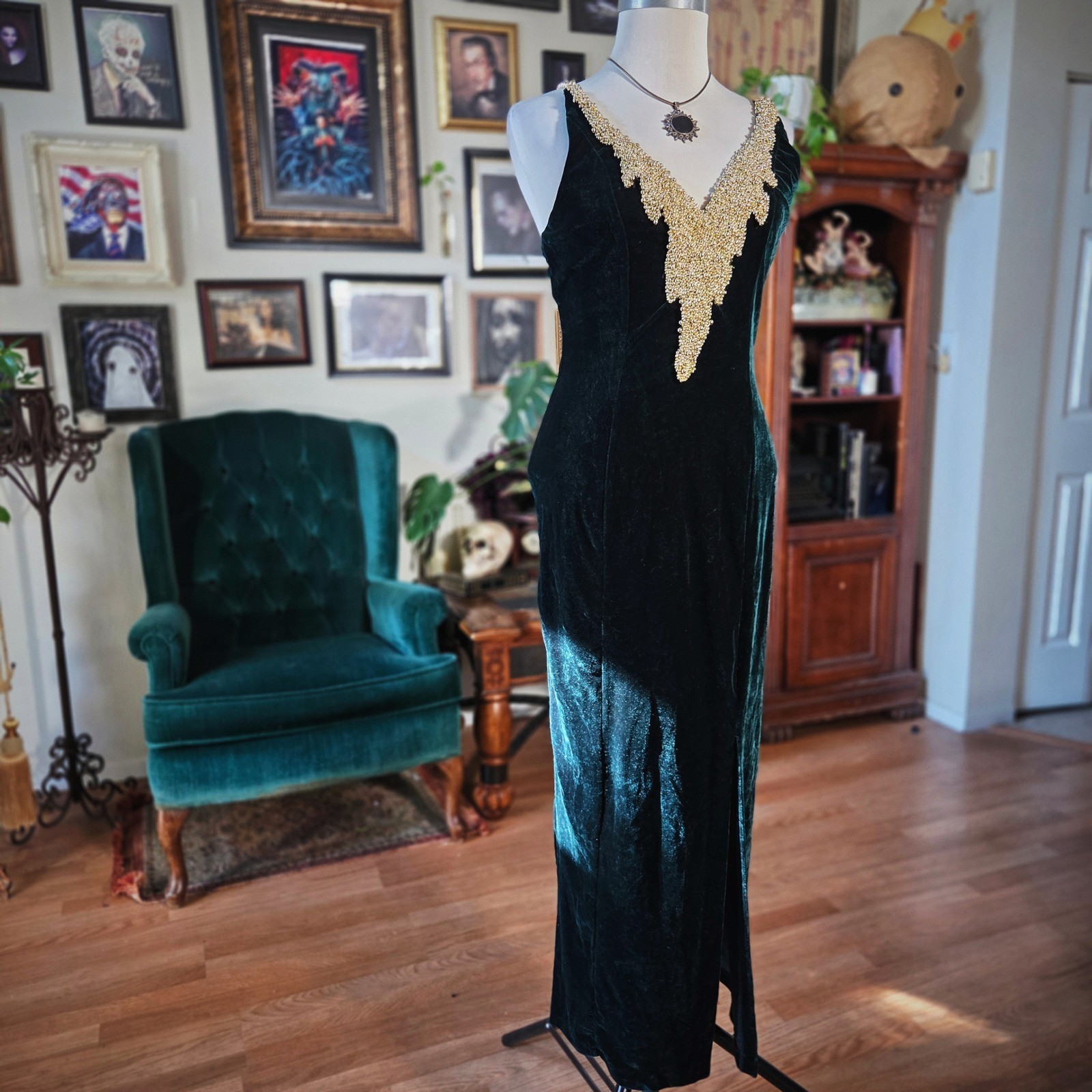 Speed Fashion Velvet Dress Vintage 90s Emerald Green Gold Beaded Maxi Gown USA