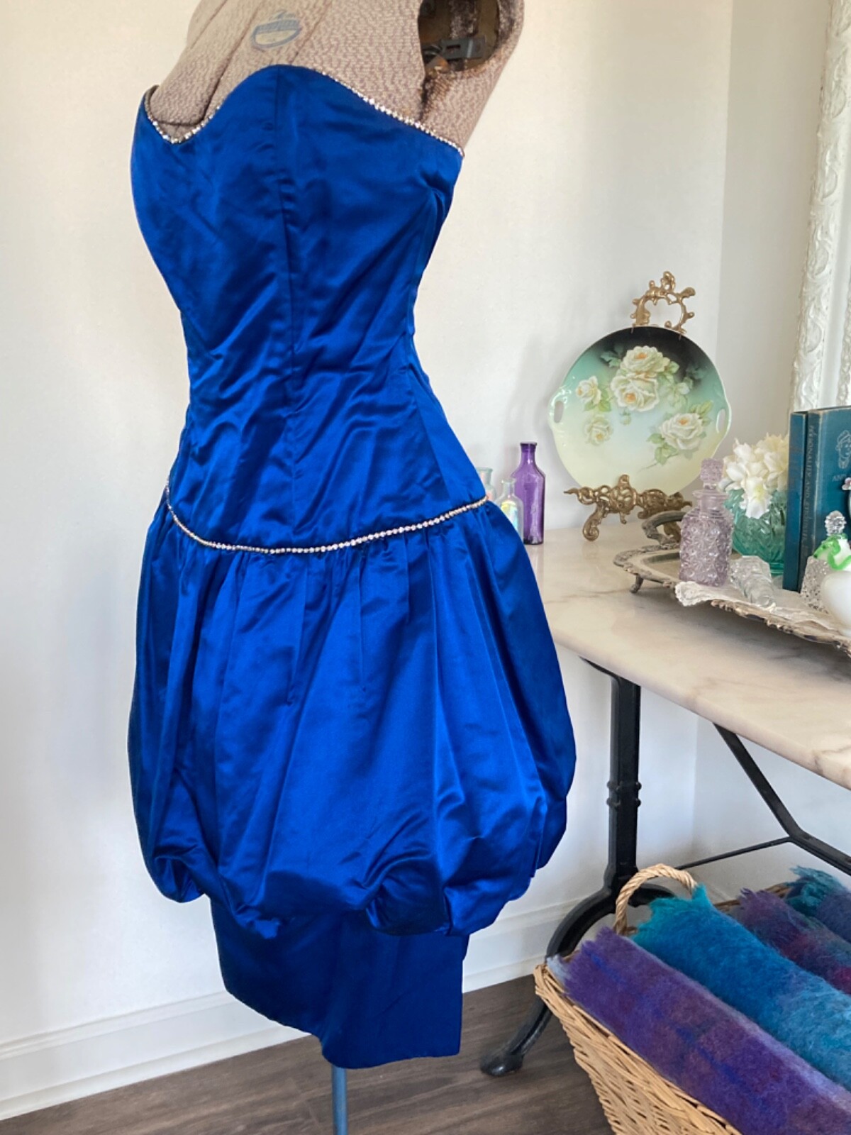 Vintage CACHE Peacock Blue Silk Bubble COCKTAIL Dress Rhinestones Strapless 36