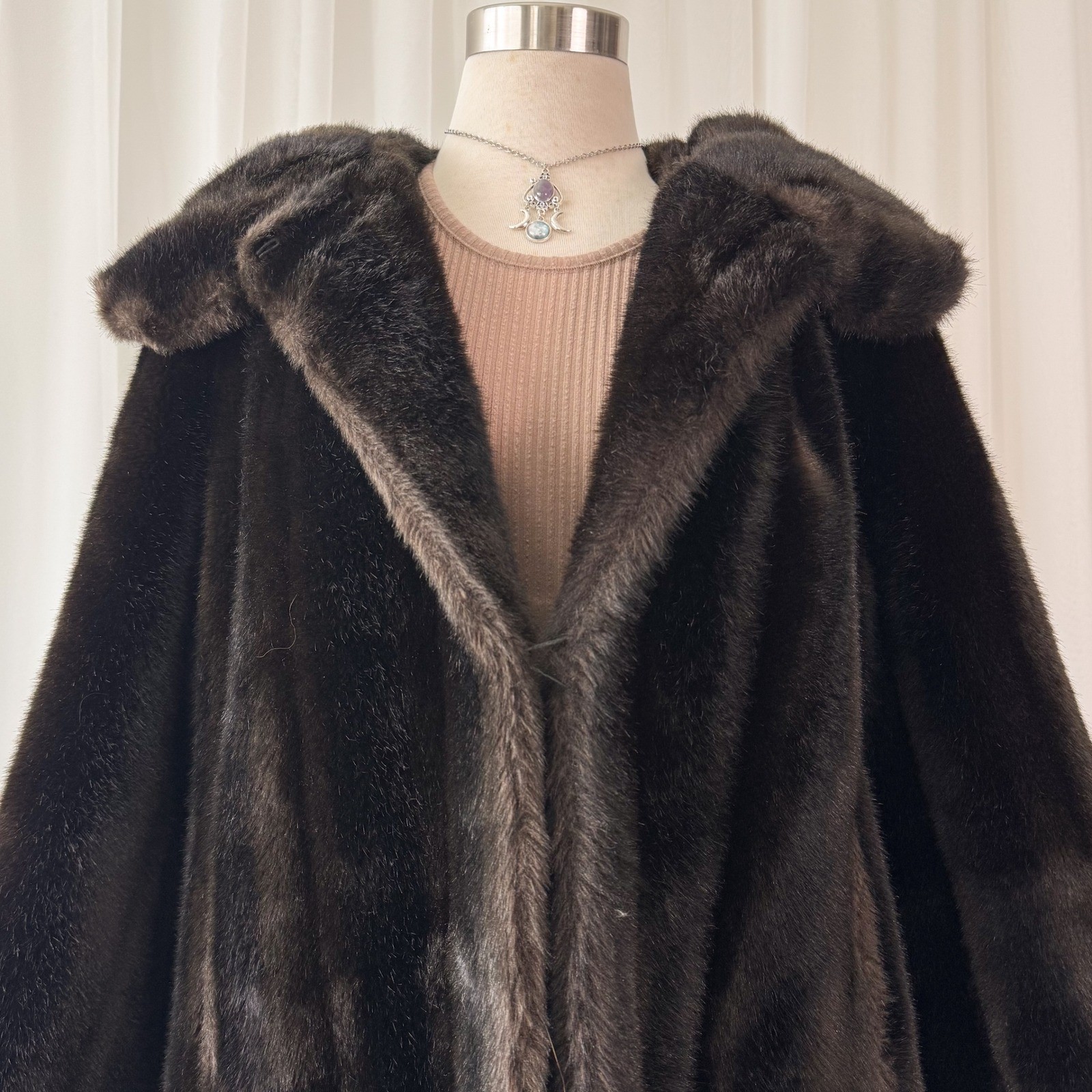 Vintage Faux Fur Coat Tissavel France Brown Hooded Coat Luxury Winter M/L