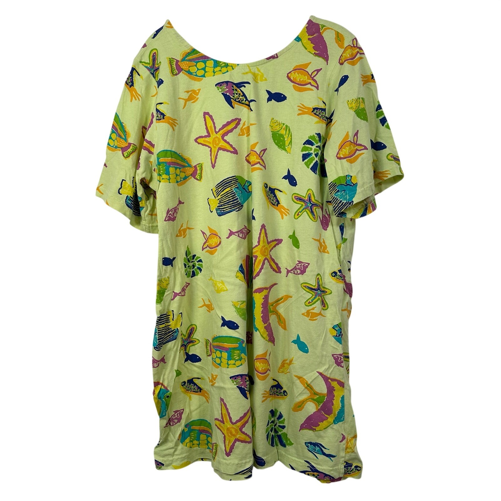 Cotton Connection Vintage 90s Tropical Fish Sea Life T-Shirt Dress Lime Large