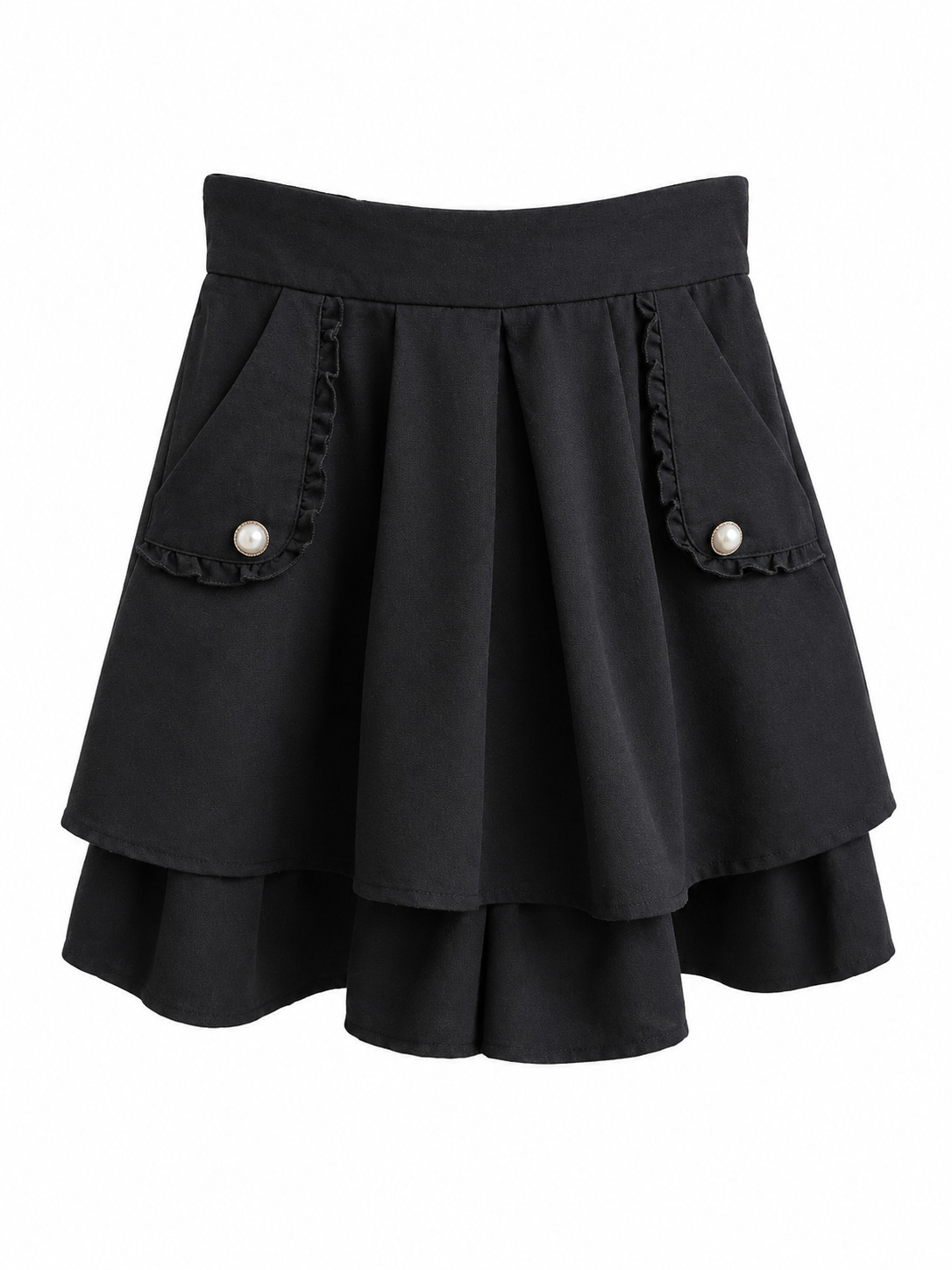 AXES FEMME Black Layered A-Line Skirt with Pearl Pocket Details