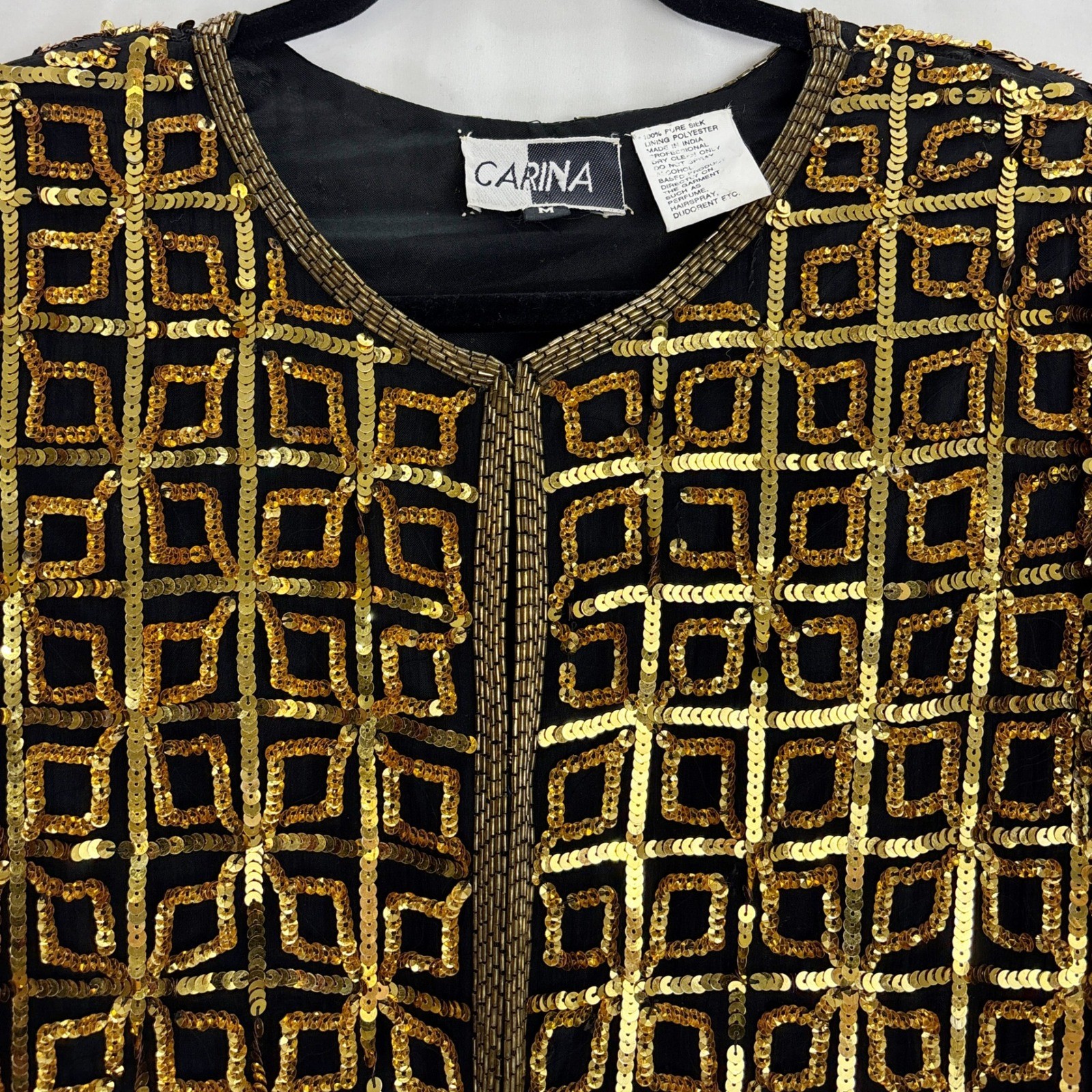 CARINA Vintage Sequin Beaded Jacket Blazer Women’s Medium Black Gold Geometric