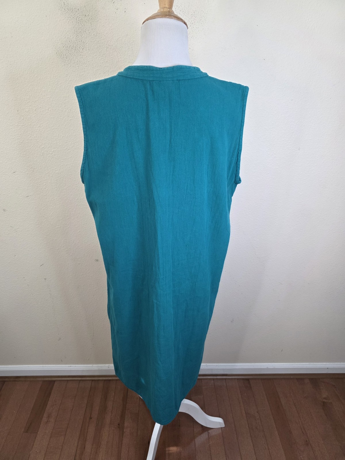 Vintage 90s Eucalyptus Button Down Sleeveless Embroidered Shift Dress Cotton L