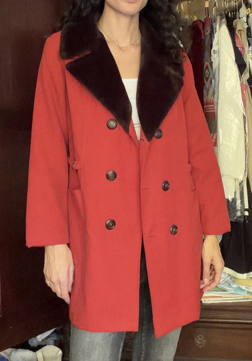 1970s Vintage Women’s Red Orange Coat With Faux Fur Collar Double Breasted