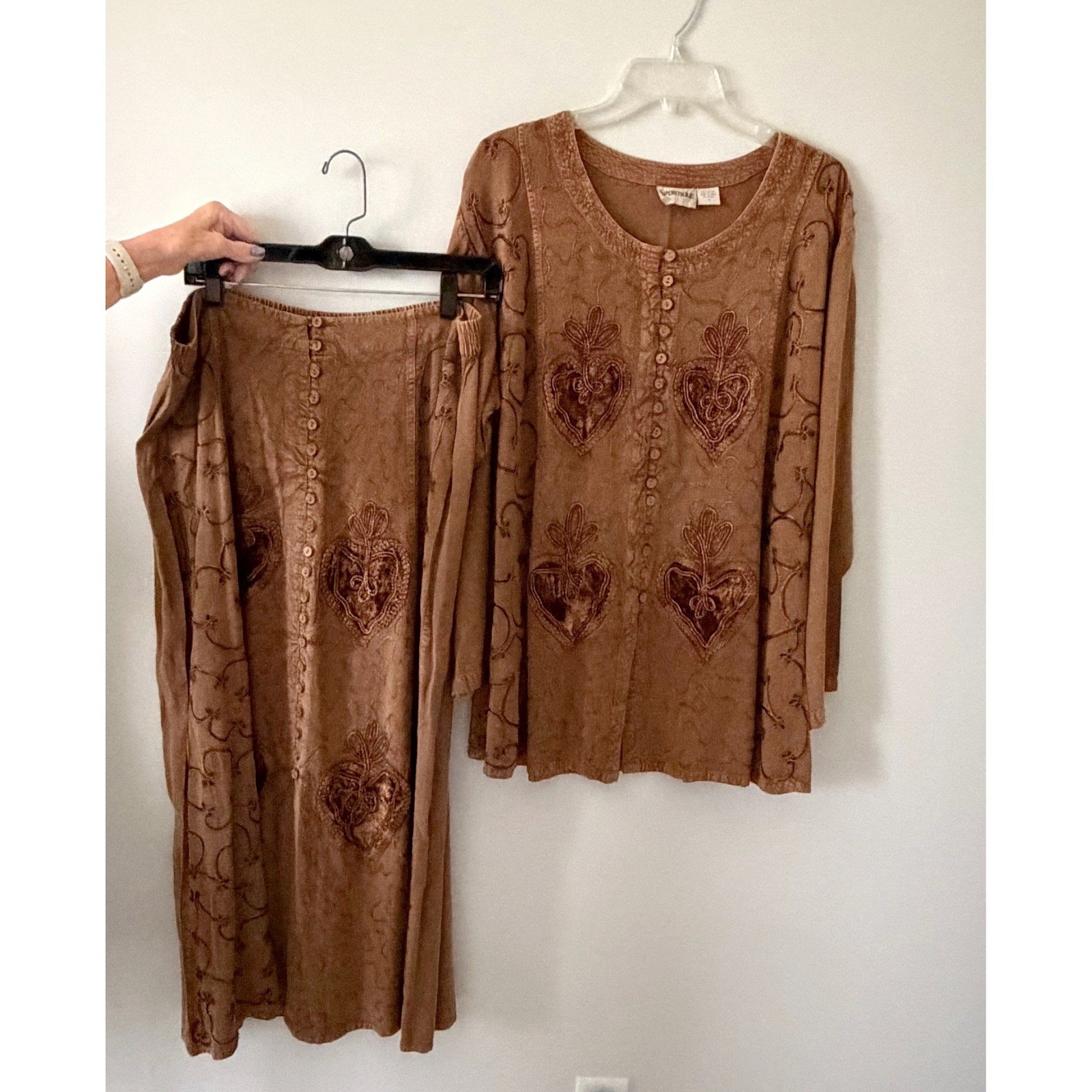 Vintage 90s Sportique Brown Rayon Embroidered Velvet Heart Skirt and Top Set LG