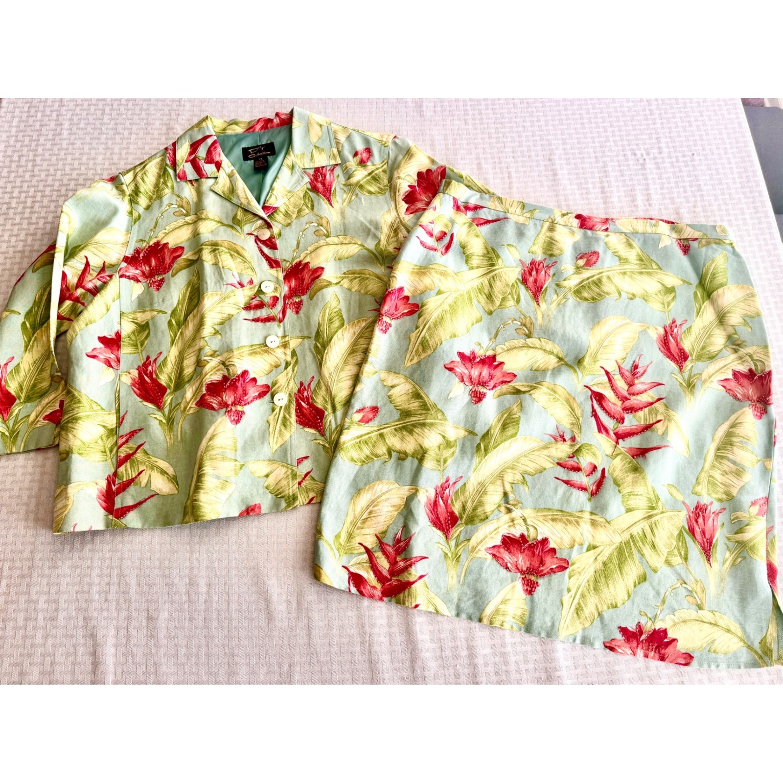 Rafael PT Collection Tropical Floral Linen Skirt Set Green Red Size 12 Vintage