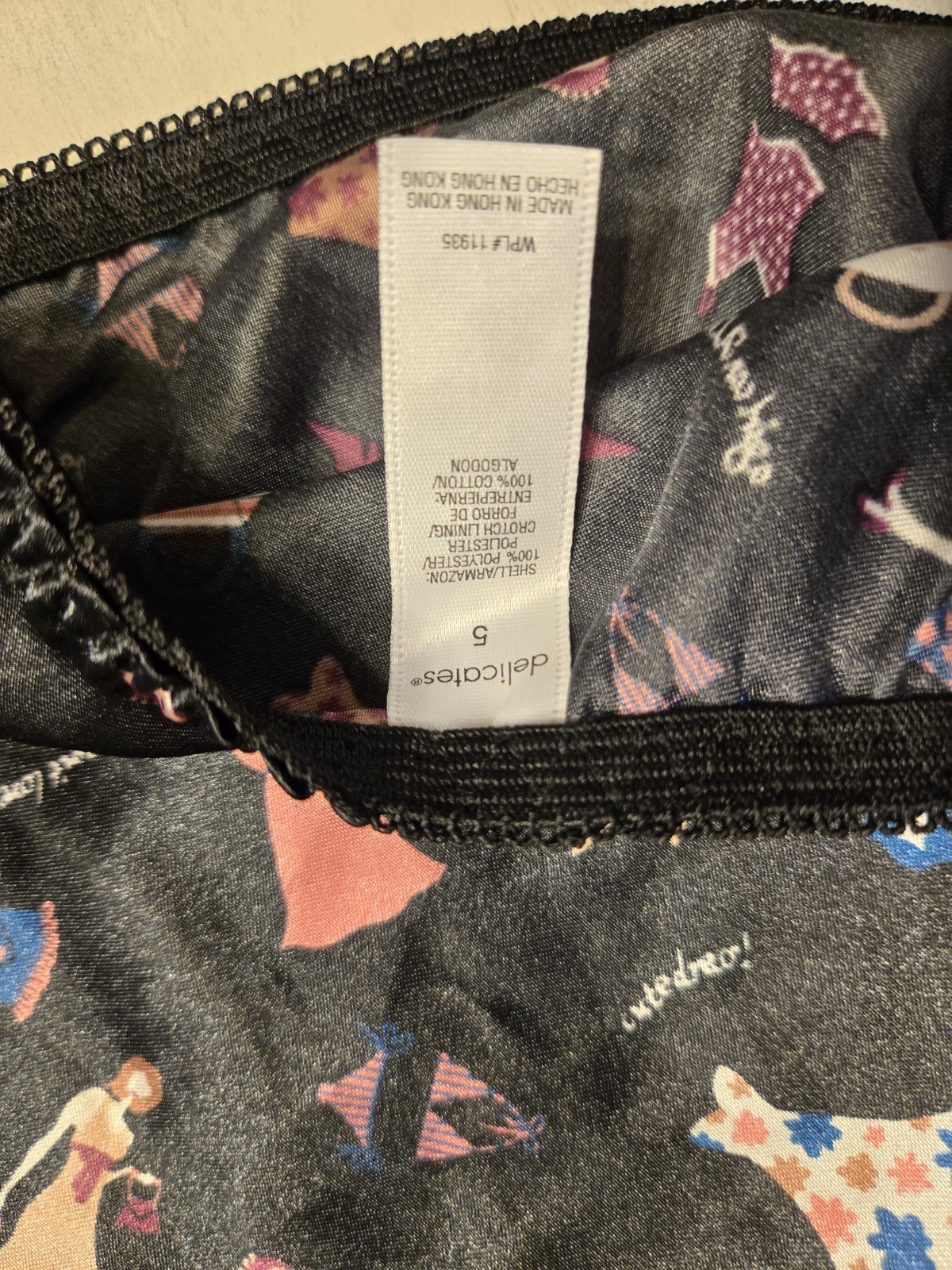 Delicates Satin String Bikini Panty With Cute Print, Size 5 With Original Tags