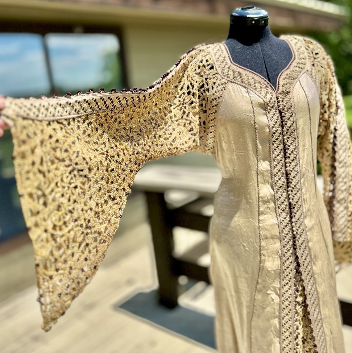 Vtg Moroccan Crepe Silk Kaftan Dress Large Gold Embroidery Sequins Handmade