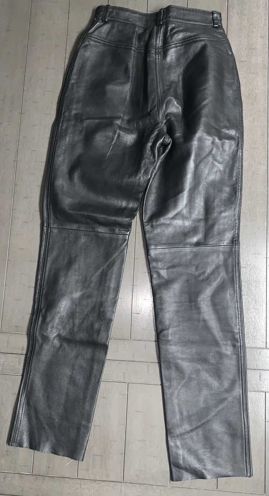 B1 Y2K CANDA C&A BLACK SOFT LEATHER PANTS SZ 4 RAW HEM BOOTCUT MOTORCYCLE 24×31”