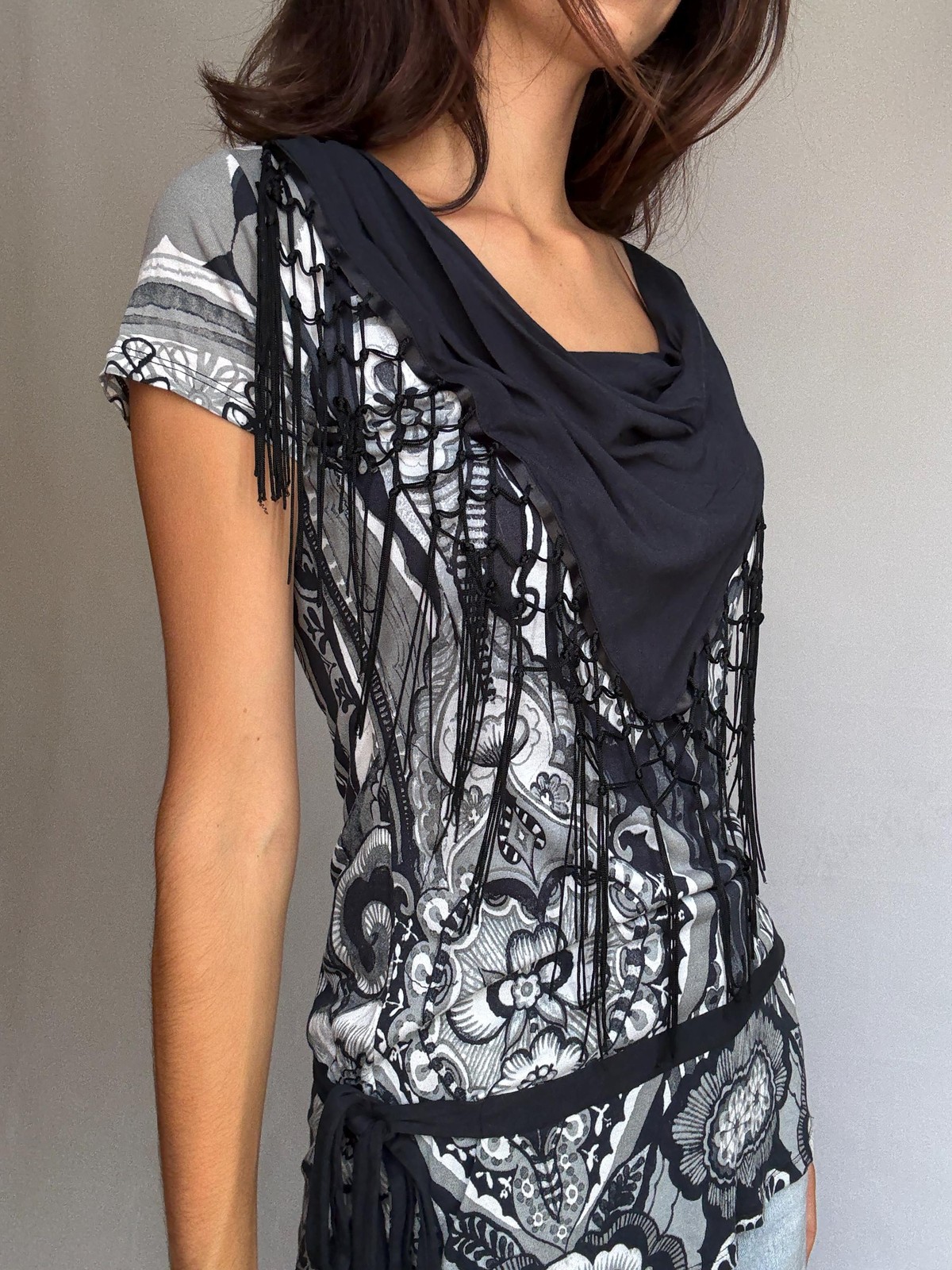 Desigual black white gray patterned blouse, cotton feel, relaxed fit, fringed sc