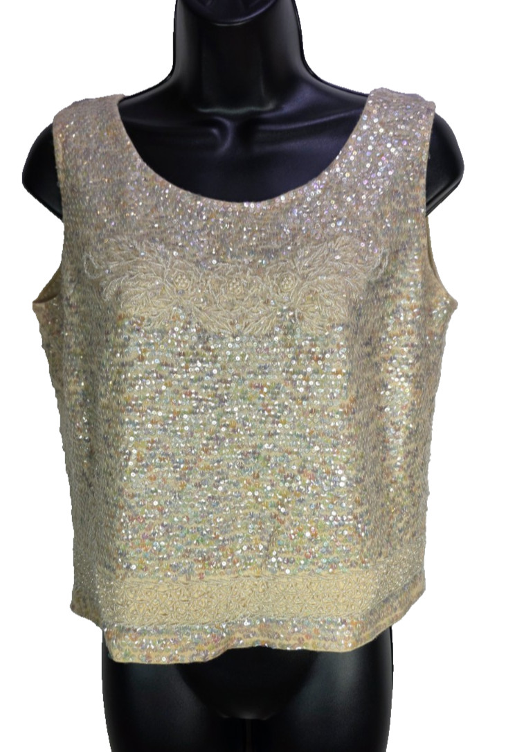 Vintage 50s – Butter Cream / 100% Wool Beaded Sequin Sleeveless Top Size Small