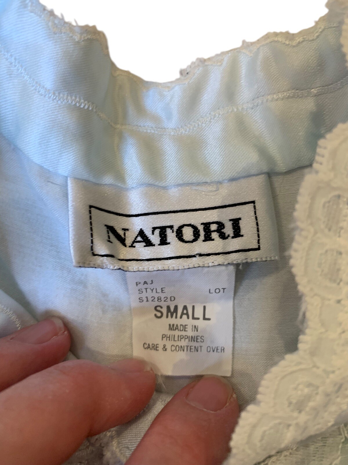 Natori Vintage Satin Nightgown Light Blue Lace Embellishment Faux Pearl Buttons