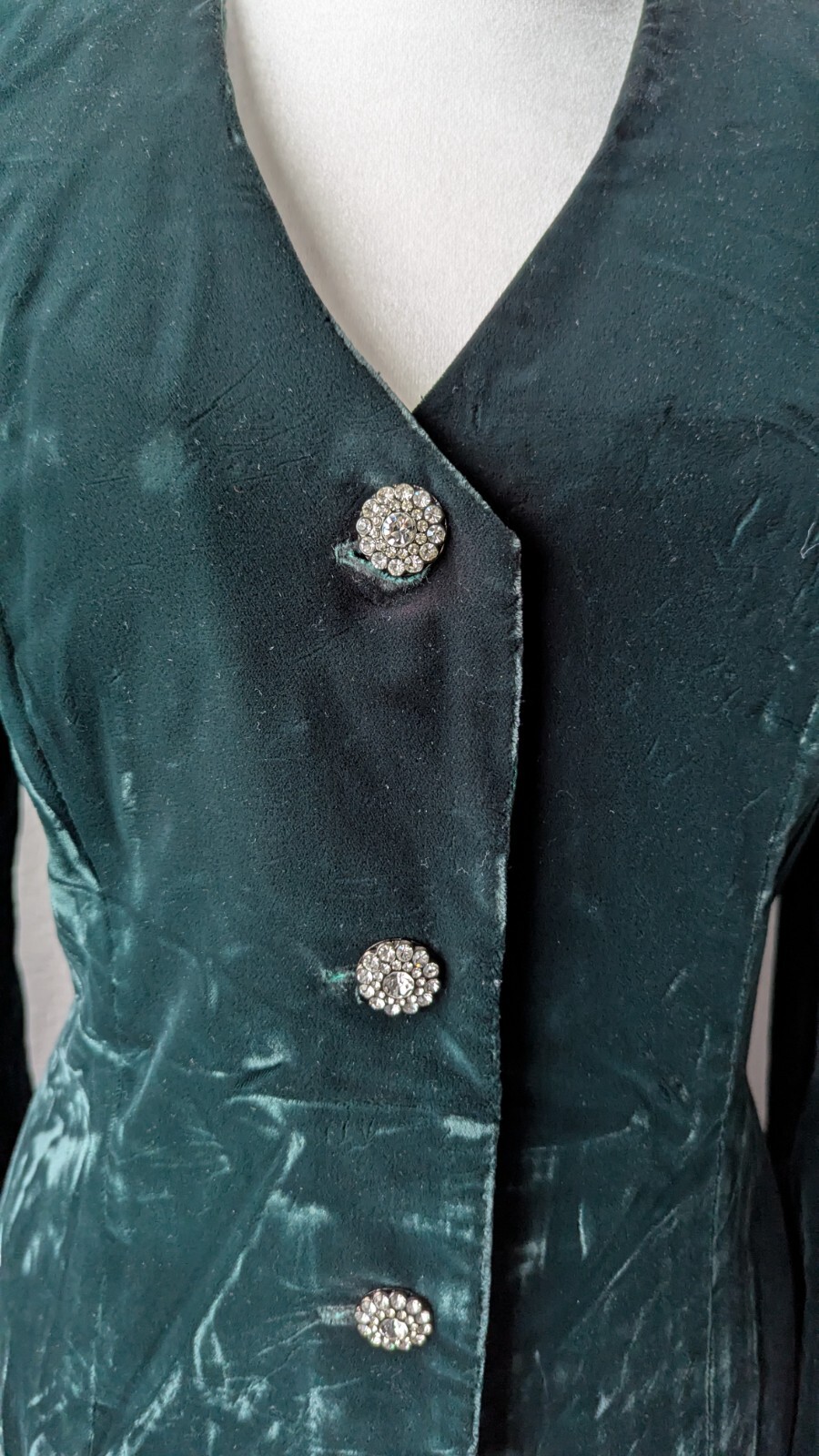 Vtg 80s En Francais Huey Waltzer Emerald Velvet Taffeta Dress Rhinestone Peplum