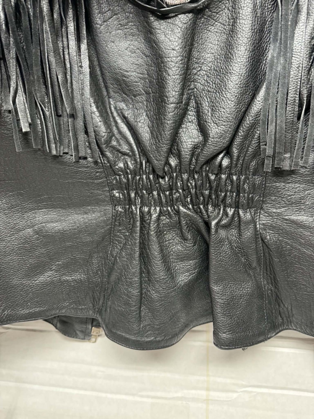 Vintage Black Leather Biker Jacket Women’s Fringe Turquoise Rose Appliqué