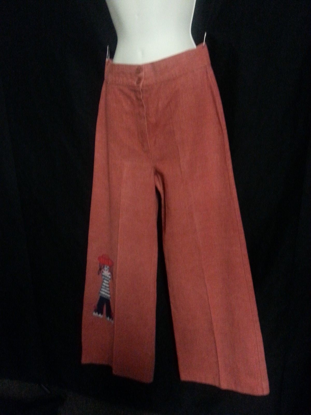 VTG 70s Wide Leg Elephant Pants High Waist Raggedy Ann Salmon Orange Hippy 27-30