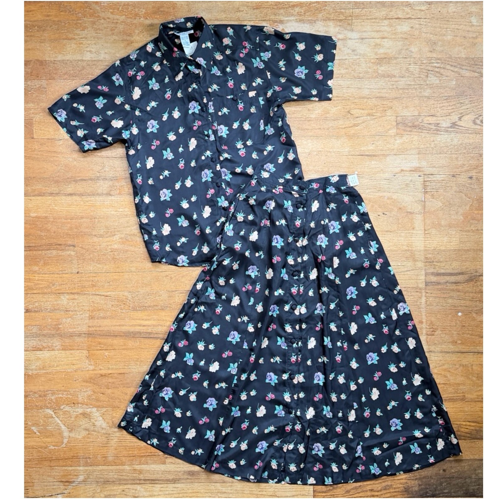 Vintage 100% Silk Floral Skirt Top Set Size Small Black Two Piece Midi Outfit