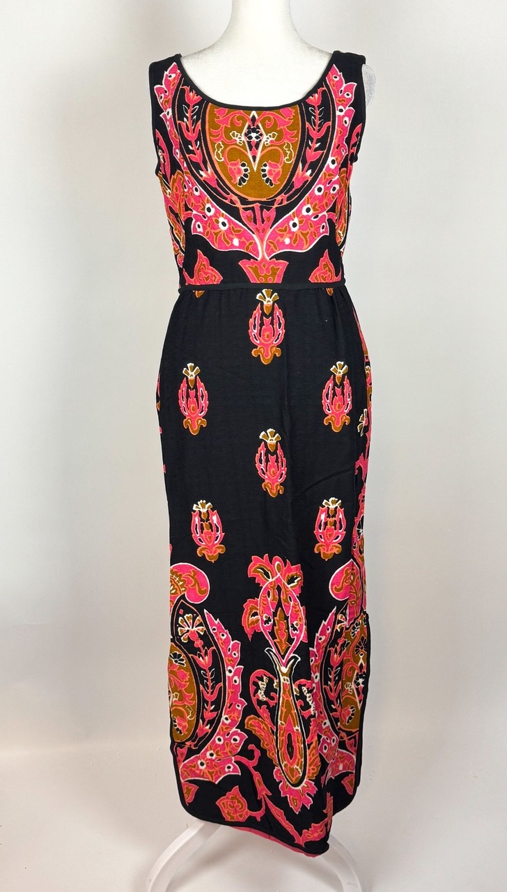 1960s Vintage Pink and Black Psychedelic Print Maxi Dress