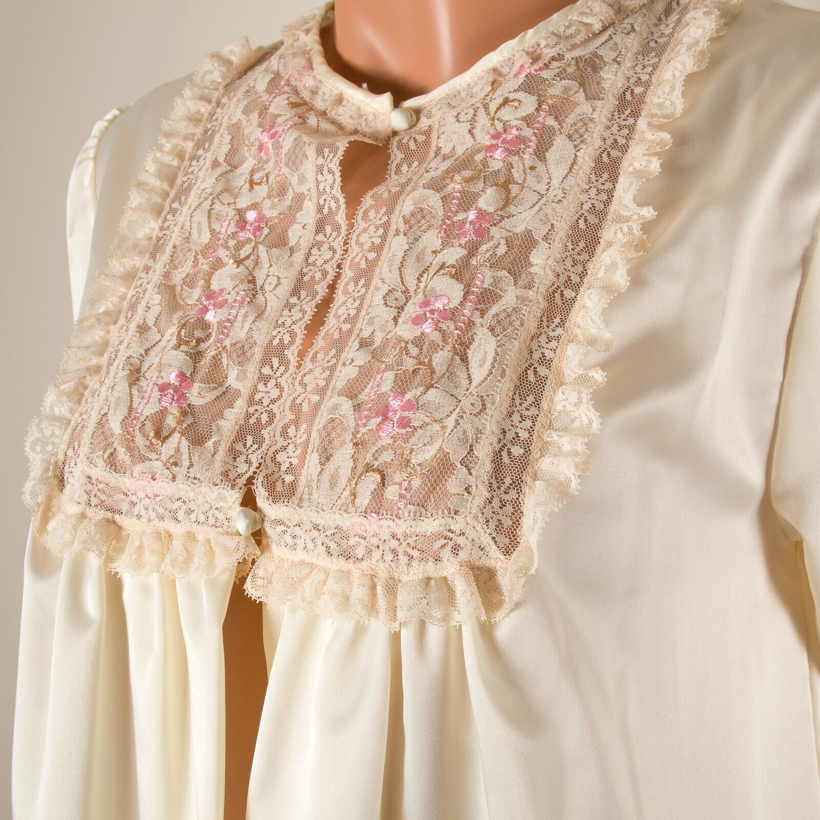 💖BARBIZON Ivory Cream Maxi Robe Nightgown Soft Silky Nylon Embroidered Lace M