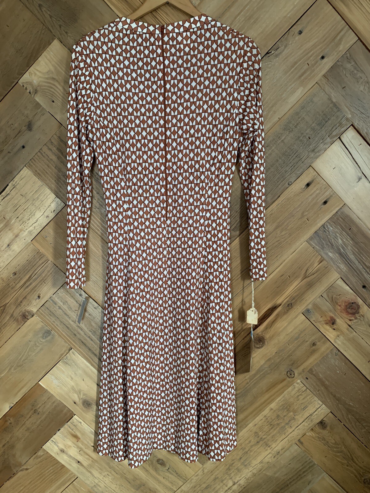 Vintage 70s Deadstock Maurice Long Sleeve Midi Dress Neutral Geometric Op Art 12