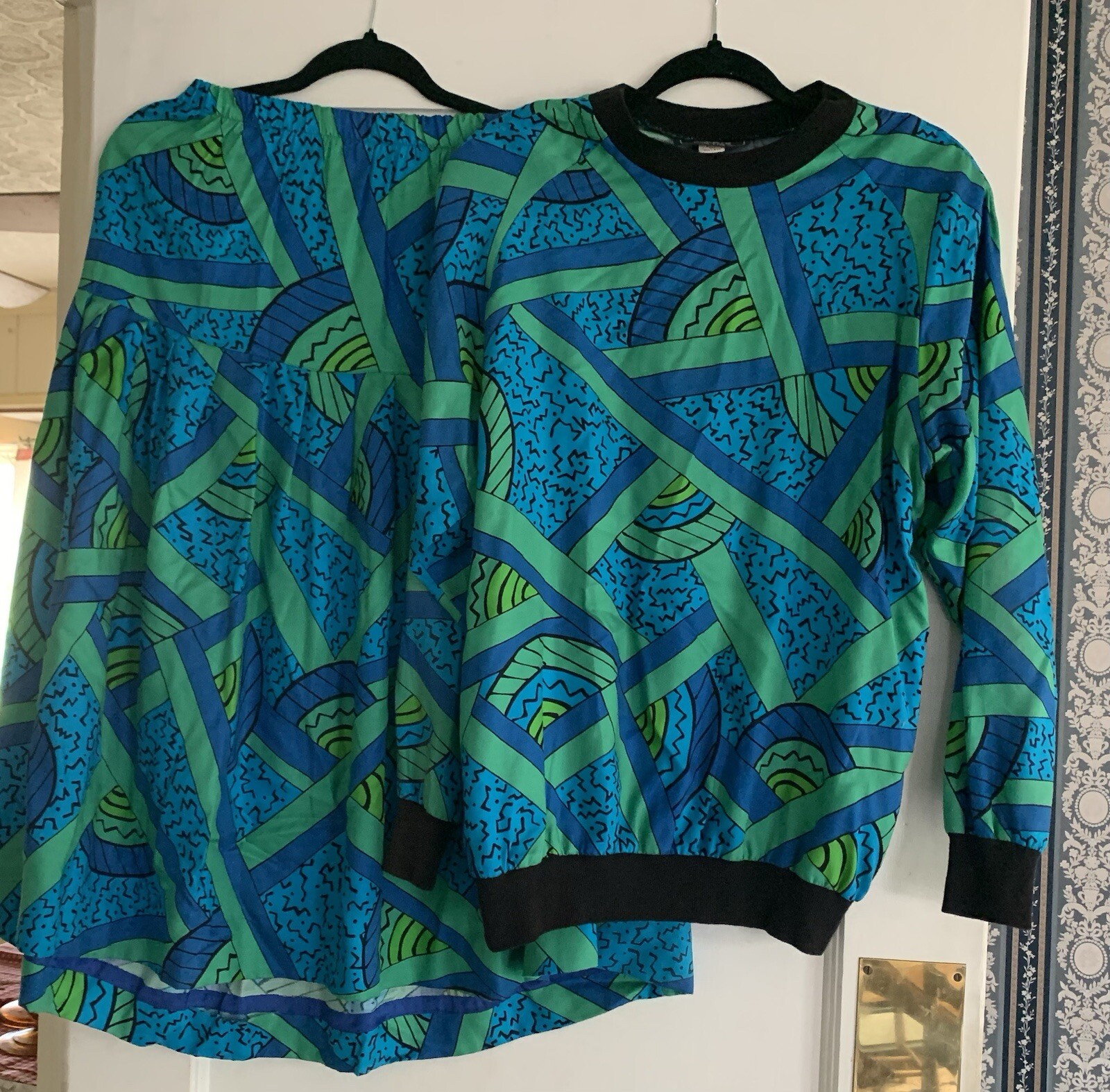 Vtg 80s Private Club Top Skirt Set Multicolor Lg Green Blue Rayon Retro