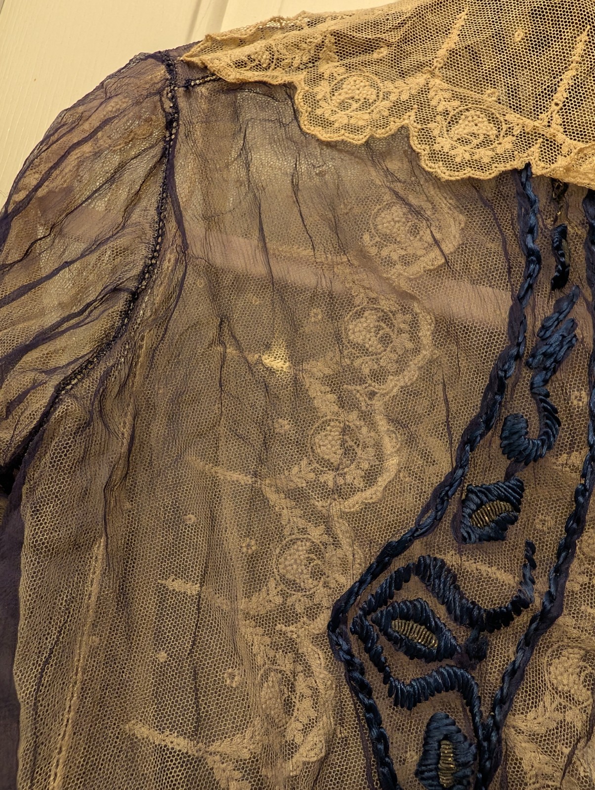 Antique Edwardian Cream Lace Blue Satin XS Women’s Blouse Handmade Bow Details