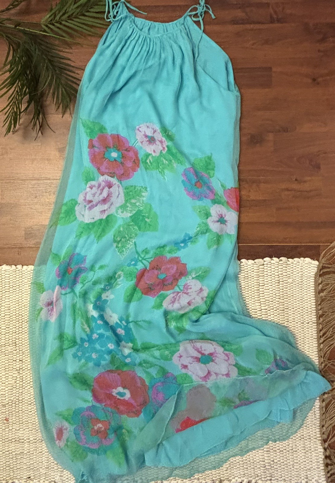 VTG Caroline Charles London 100% Silk Maxi Dress M/L 8-12 Sheer Floral Overlay