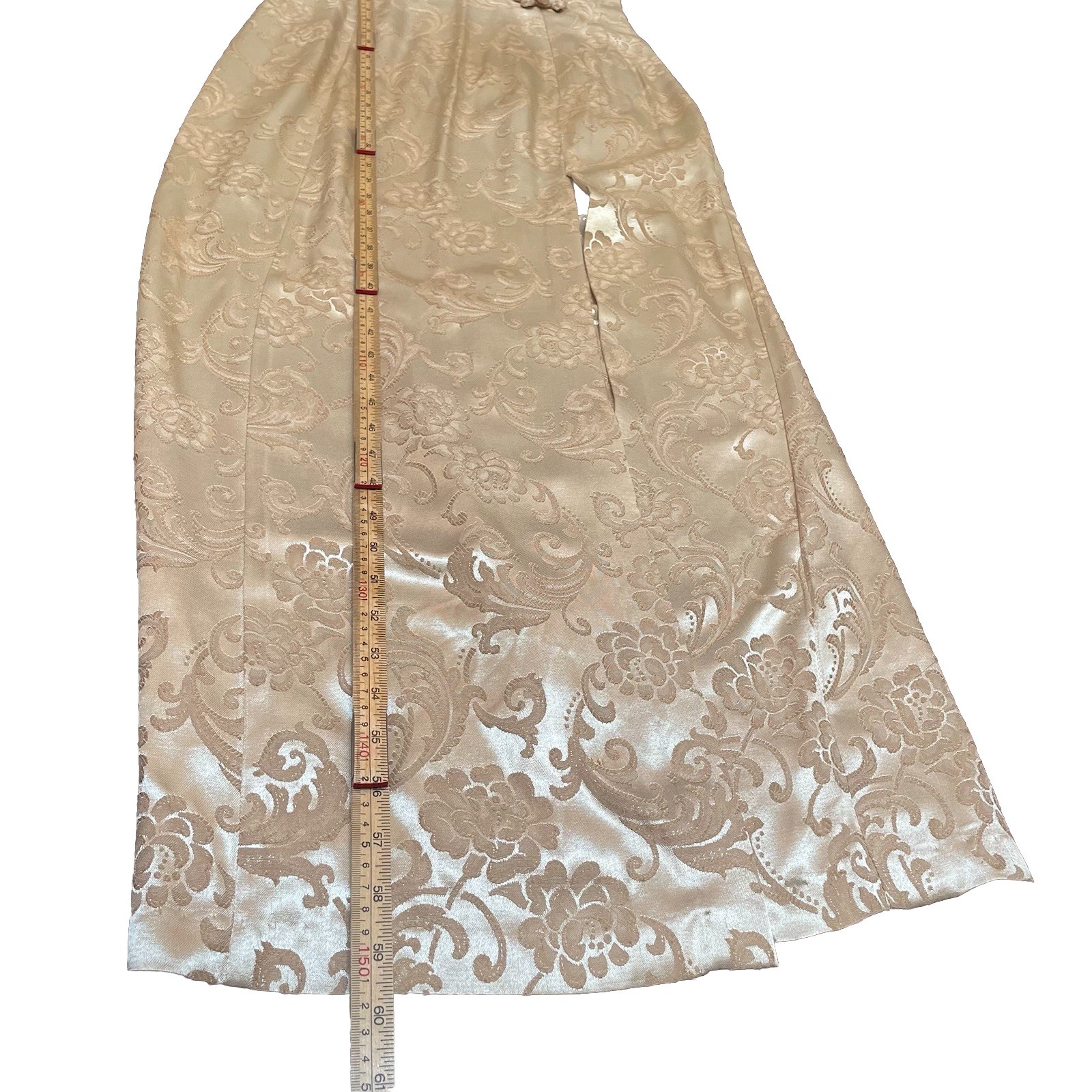 VTG 80s Niki Originals Brocade Cheongsam Maxi Gown Dress Gold Beige 14 Coquette
