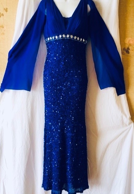 Vintage Sherri Hill Sequined Royal Blue Dress size 8P 100% silk / Match Clutch
