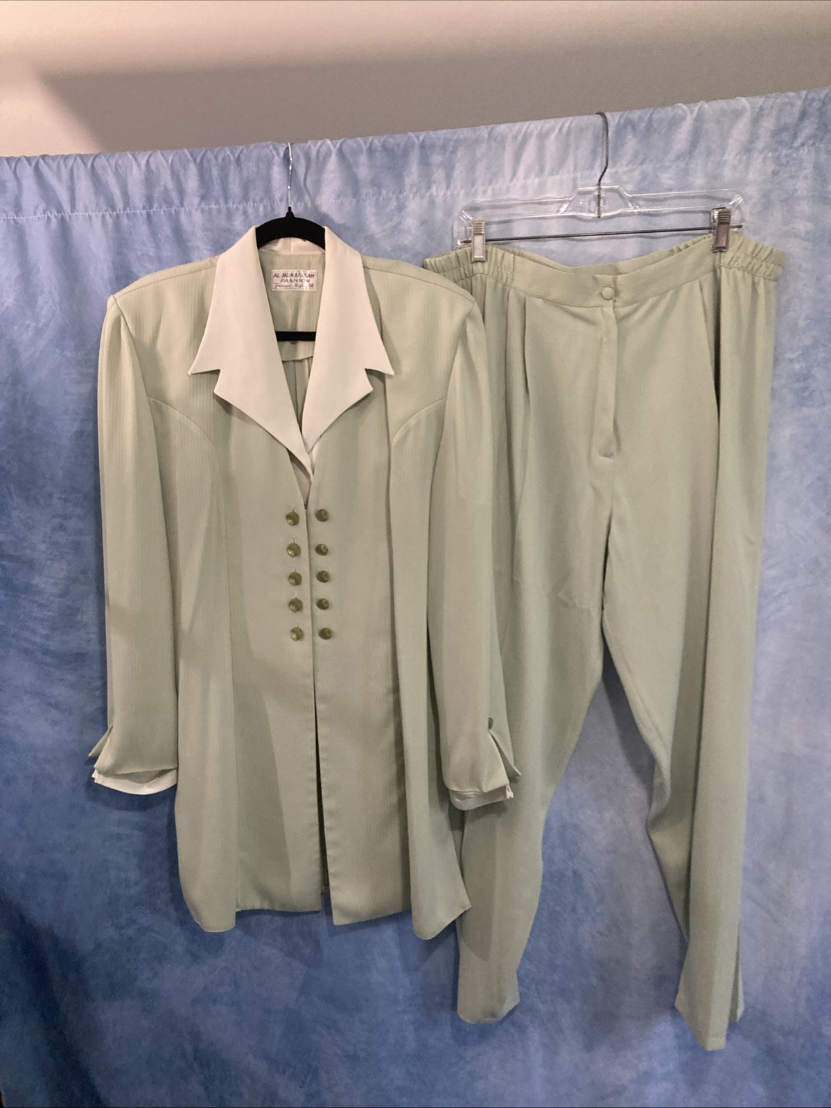 Vtg 90s Al Munafasah Sage Green Modest Pantsuit Set Tunic Trousers Sz 50 18 Plus