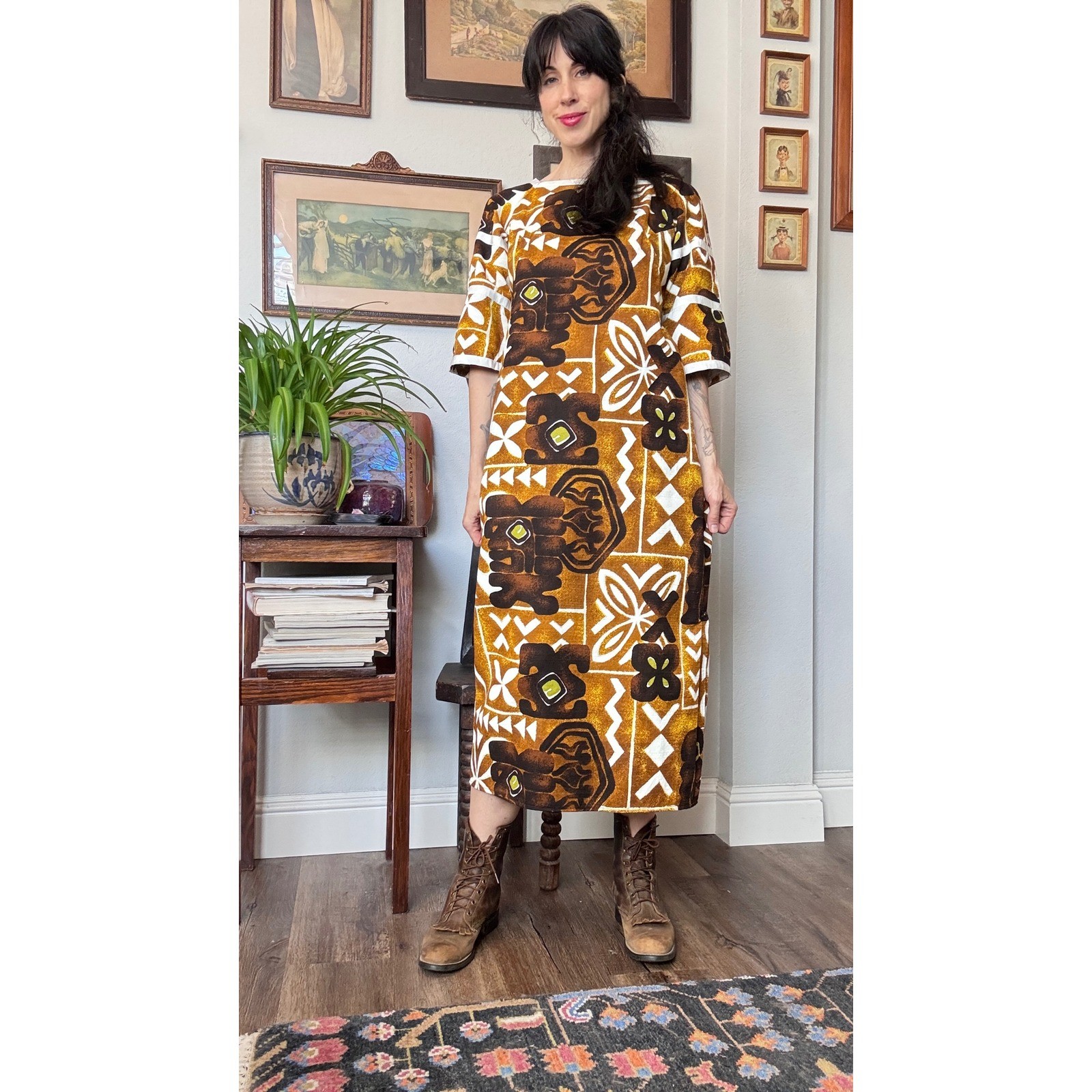 Vintage Evelyn Margolis Hawaii Tiki Barkcloth Maxi Dress Geometric floral