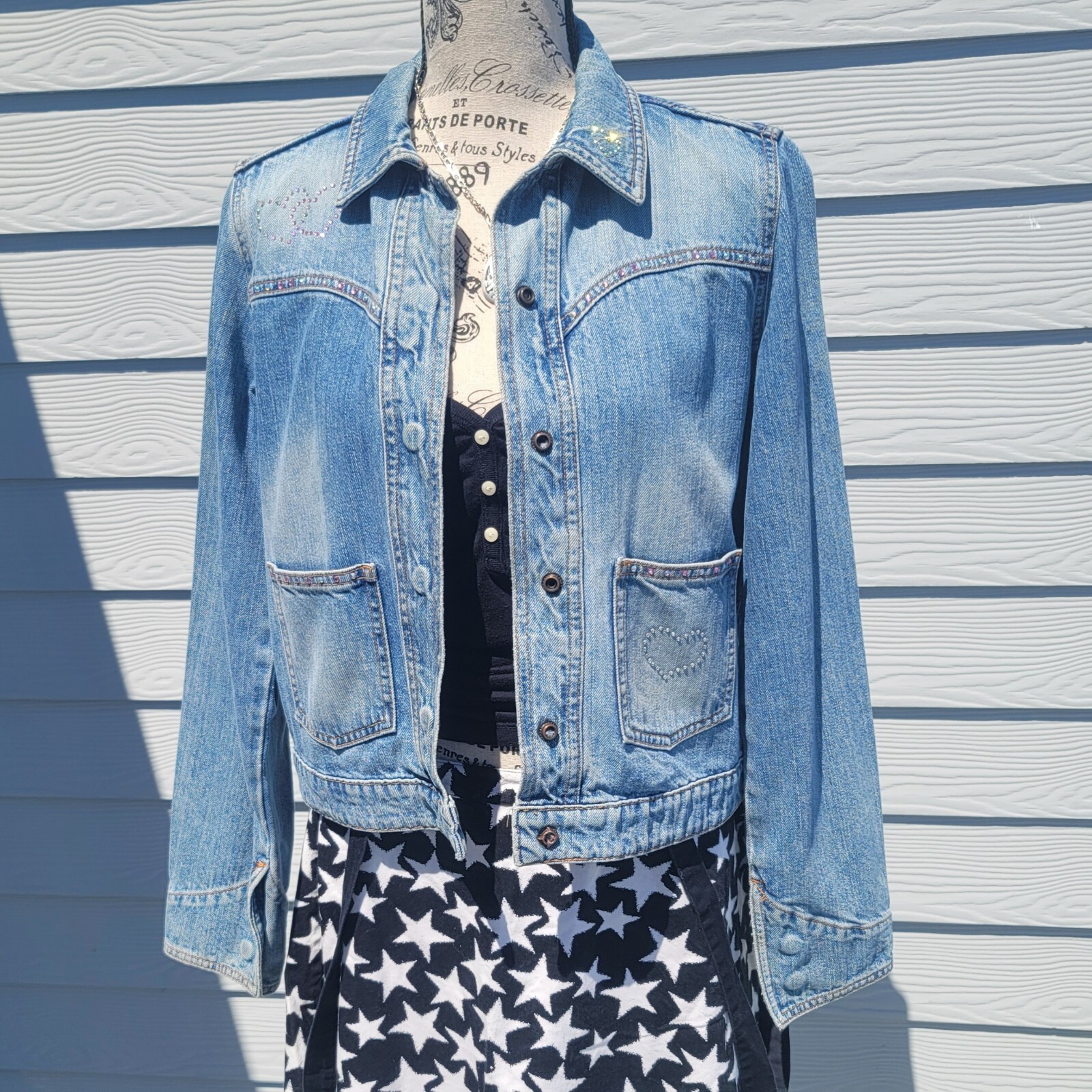 Vintage Y2K Upcycled Redone Custom Bling Gothic Cross Western Jean Jacket Medium